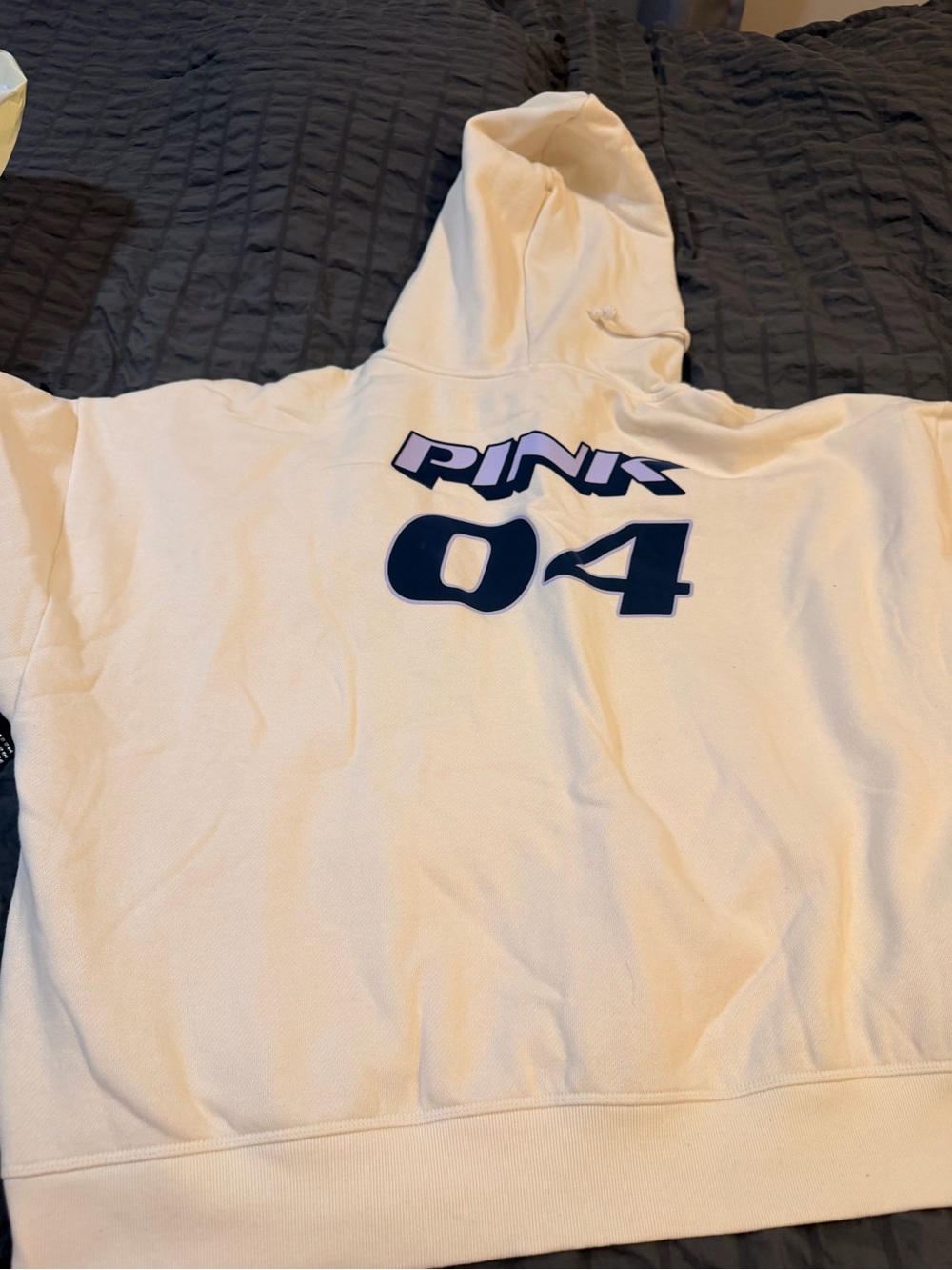 PINK Victoria's Secret Cream Hoodie with Navy '04' and Pink PINK Logo